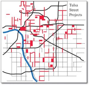 The streets marked in red are Tulsa street projects that may already be under construction