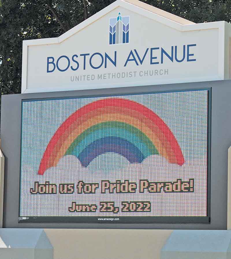 The outdoor sign of Boston Avenue United Methodist Church in downtown Tulsa